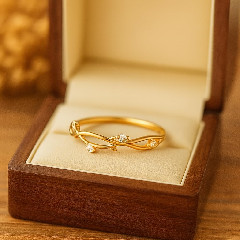 Dainty Branch Ring for Women 14K Yellow Gold Nature-Inspired Twisted Vine Band with CZ Diamond Minimalist Stacking Promise Jewelry Gift for Her