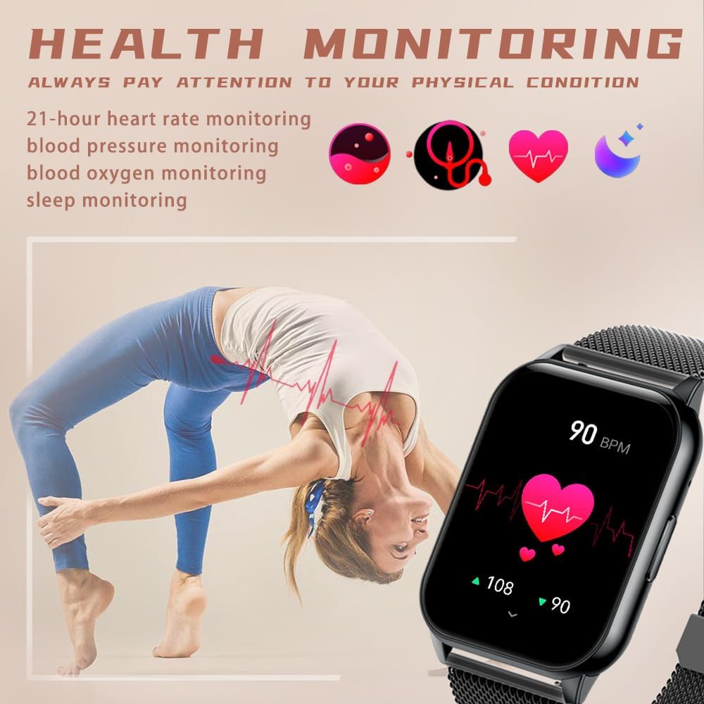 ANMI Smartwatch Chiamate e Assistente Vocale, 1.96 Orologio Smartwatch Uomo Donna, 80+ Sport Fitness Contapassi Cardiofrequenzimetro Pressione Sanguigna SpO2, Monitoraggio del Sonno, Android iOS