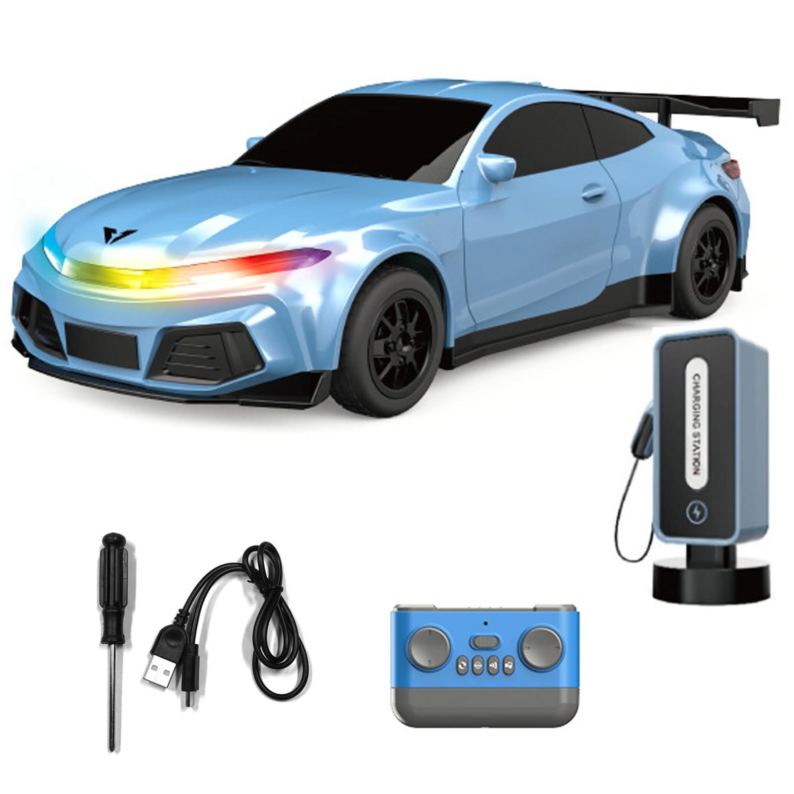 Hylukon Remote Control Car, 2.4GHz 1:16 TypeC New Energy Sports Car with Charging Post, Automatic Parking, LED Lights and Music, Hobby RC Car Gift for