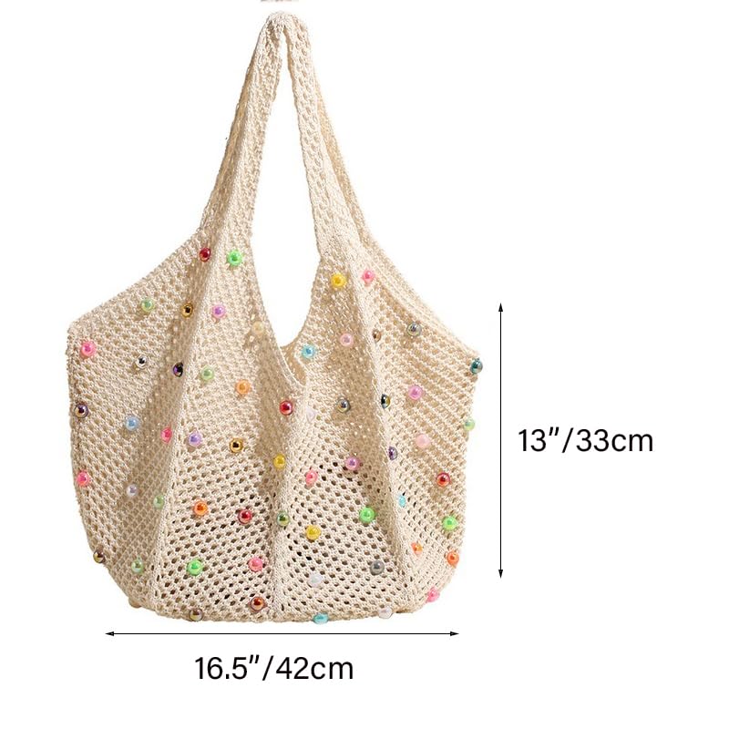 Image of Boho Crochet Beach Tote Shoulder Bag with Colored Beads | Colorful Aesthetic Hippie Knit Bag for Women