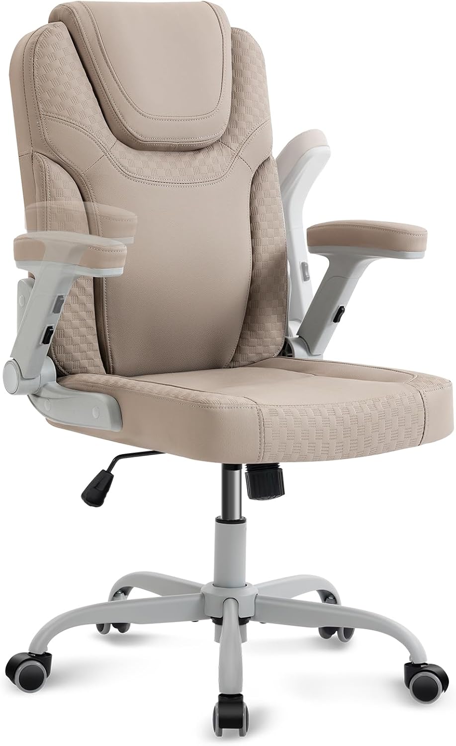 SEATZONE Beige Office Chair Ergonomic Desk Chair with Lumbar Support, Flip-Up Arms, Adjustable Swivel Computer Chair with Wheels, PU Leather Executive Task Chair for Home Office Small Space