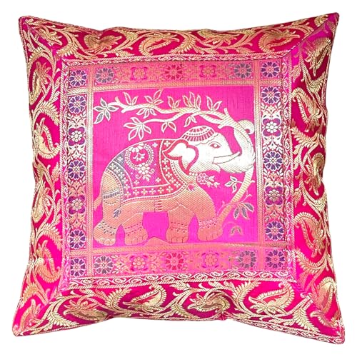 Original Kikan Kissenbezug aus indischem Elefanten-Mandala, Seide, Sari-Brokat, Boho-Stil, Heimdekoration, 40,6 x 40,6 cm, Reißverschluss, Banarsi, ethnisch, handgefertigt, Patchwork (Rosa)