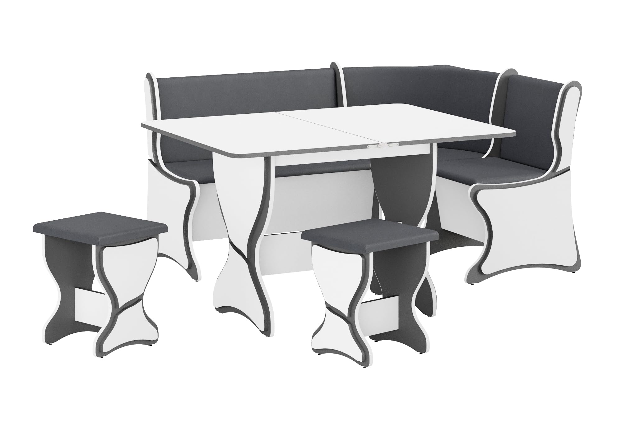 Rodnik Eckbankgruppe Argentinien mit 3D-Dekorelementen und Stauraum, 4 TLG. Set: gepolsterte Truhenbank, klappbarer Esstisch, 2 x Hocker, weiß/grau