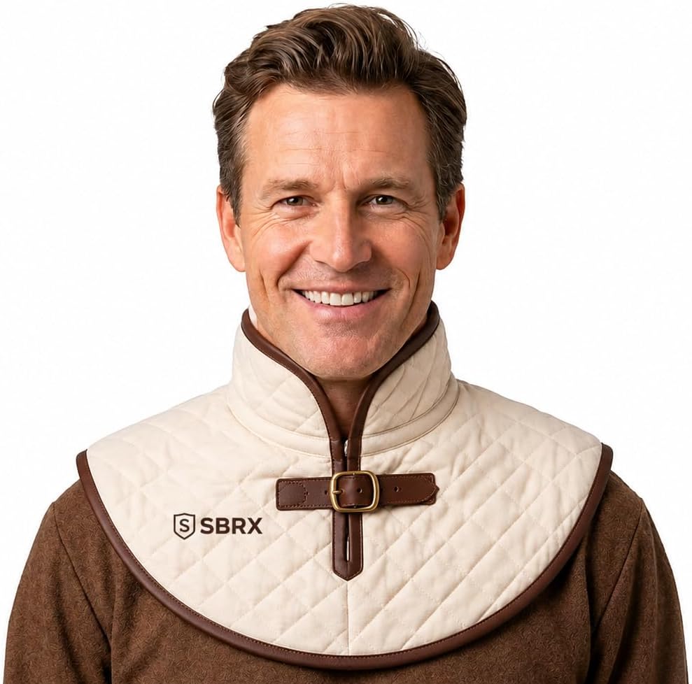 SBRX Quilted Neck Collar Wrap, Cream, Leather Trim, Buckle Closure, Medieval Style