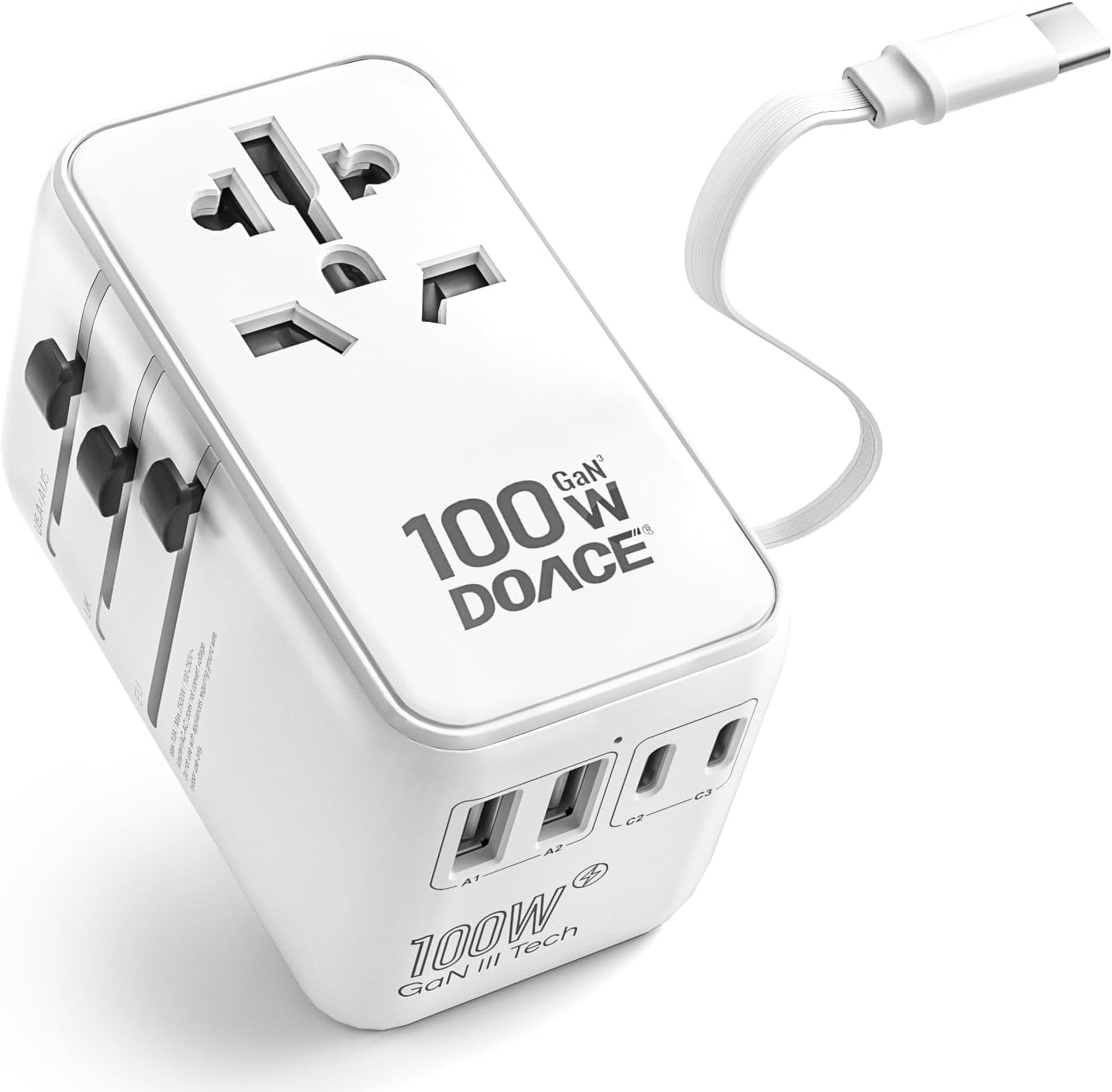 DOACE Universal Travel Adapter, 100W GaN 3.0 International Power Adapter with Built-in USB-C Cable, 6 in 1 Travel Adapter with 5 USB Ports, Plug