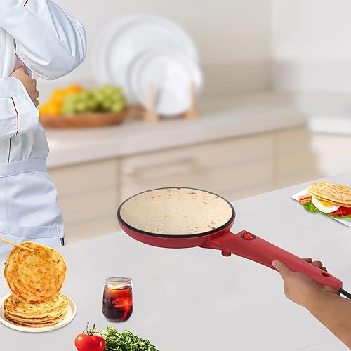 Miniatura 6 de Crepera Electrica - Máquina eléctrica para crepes de 8 pulgadas, sartén antiadherente portátil roja con asa y bandeja extraíble, Crepera Electrica,