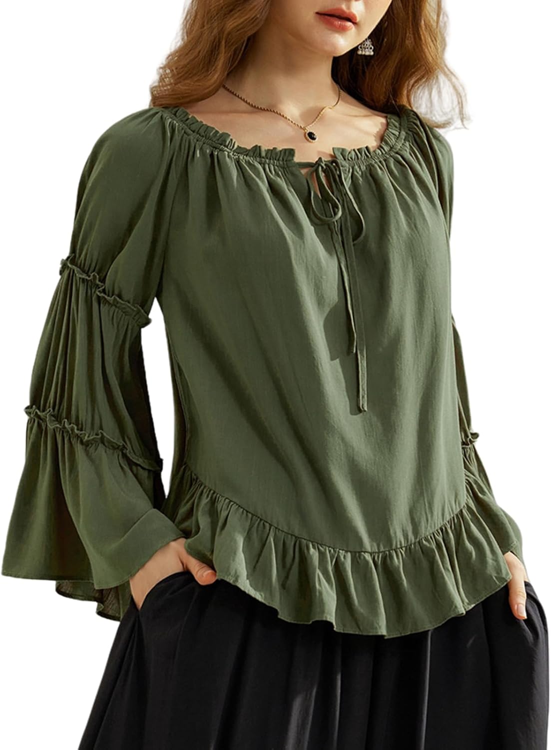 Scarlet Darkness Women Bell Sleeve Tops Ruffle Off Shoulder Casual Loose Renaissance Peasant Blouse
