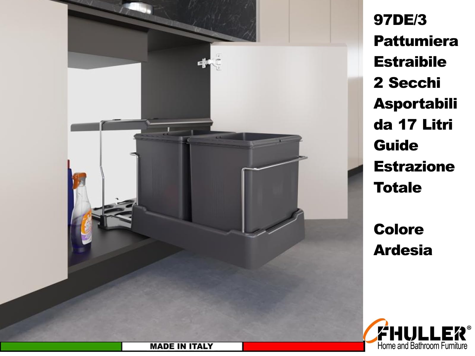 Pattumiera Estraibile Inoxa 97DE/3 a 2 Secchi da 17 Lt con Coperchio Basculante
