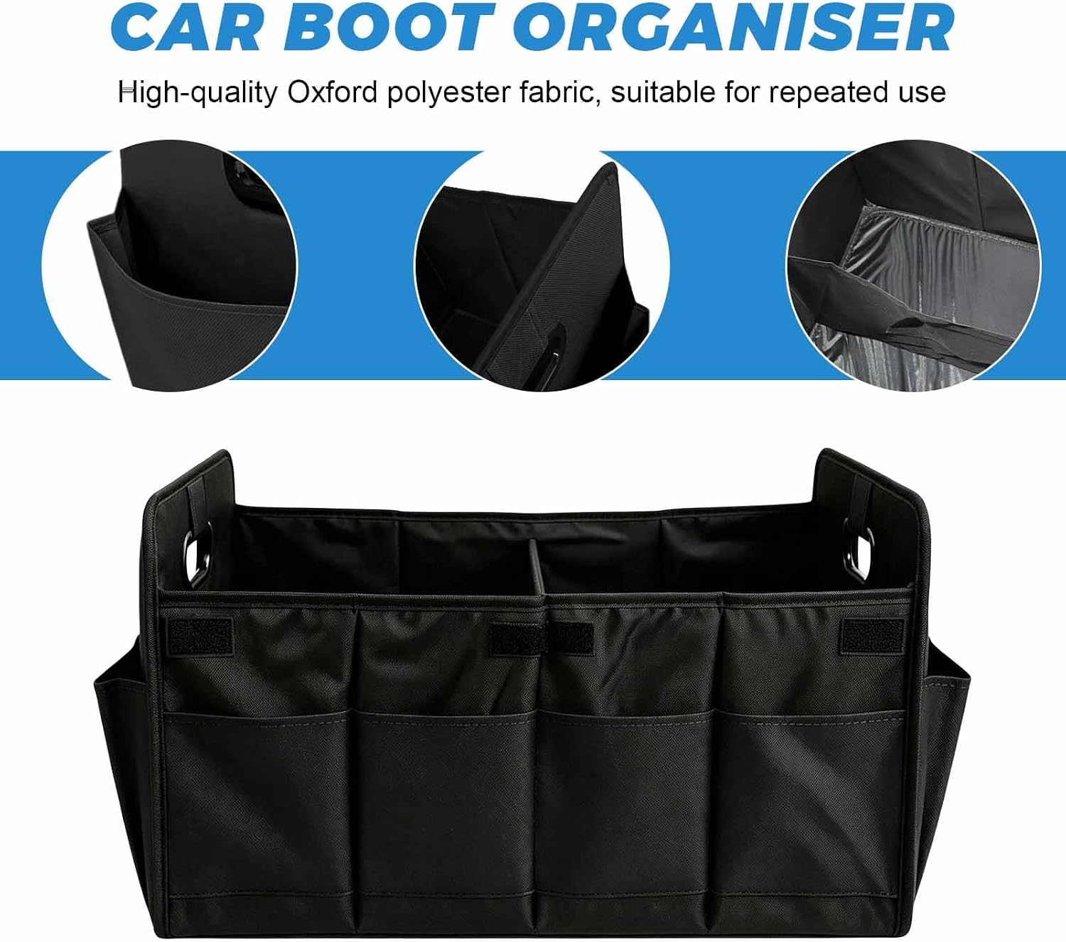 Trunk Organizer, Multi-Compartment Auto Storage Organizer with Reinforced Handles, Foldable Waterproof Oxford Trunk Cargo Storage Box for Most Vehicles, Car Accessory (Black) image 3