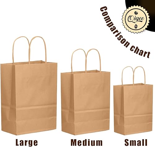 Miniatura 5 de qiqee Paquete de 100 bolsas de regalo de papel marrón con asas a granel de varios tamaños (33 piezas grandes de 13 pulgadas, 33 piezas medianas de