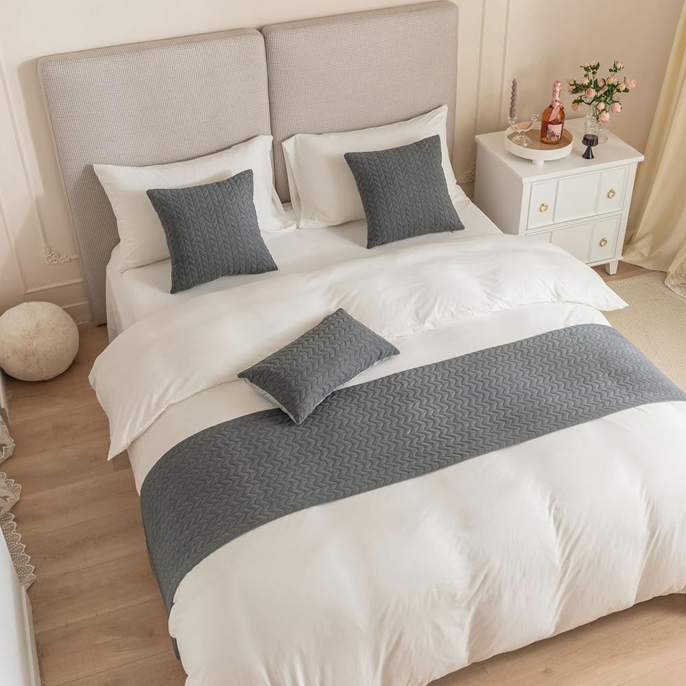 QRGMKL New Solid Color Bed Runner Wheat Ears Pattern Bed Scarf Bedspread Super Soft Simple Bedding Decor Bed Runners for Hotel and Bedroom-Gray||2 Pillowcases(30X50cm)