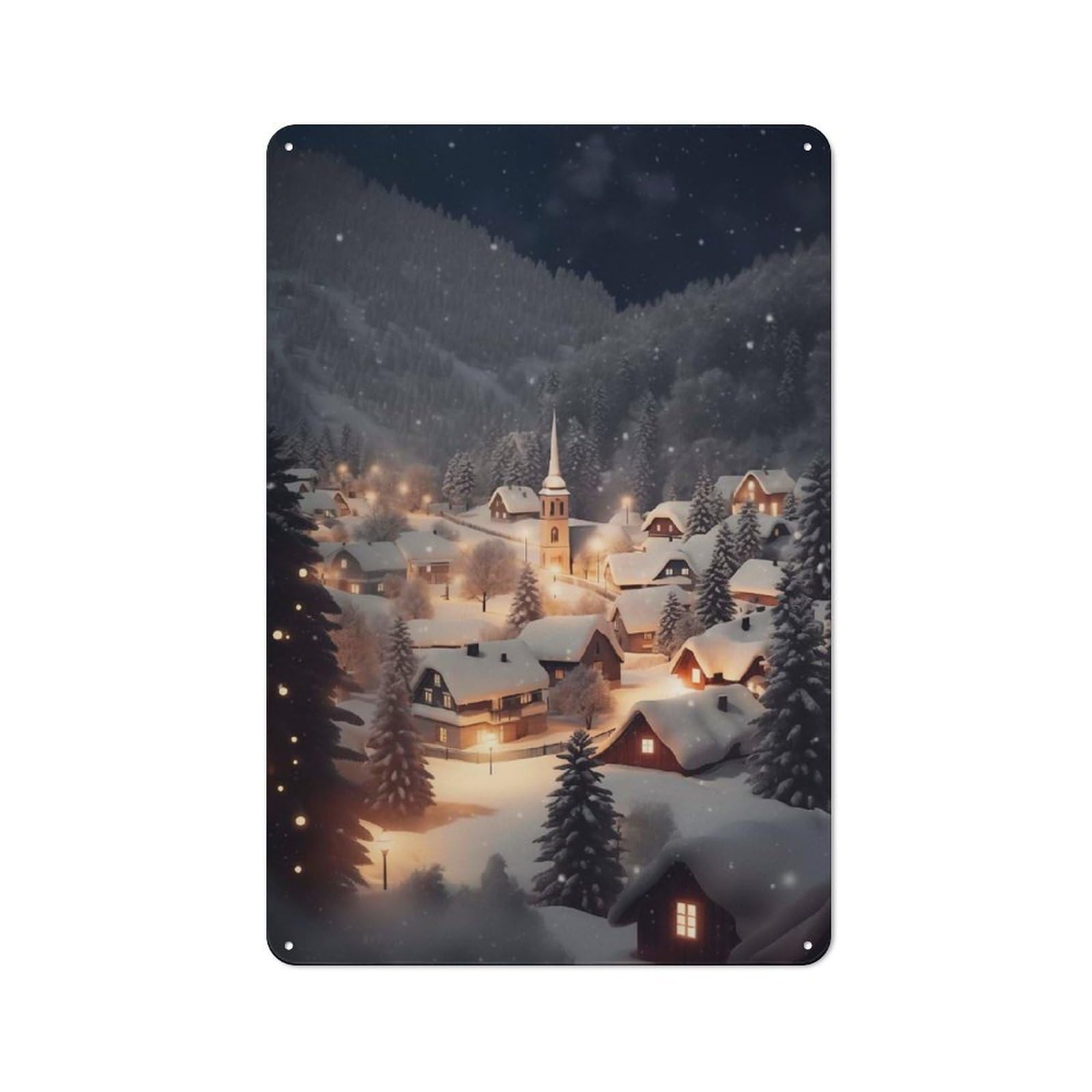 Junmoney Winter Landscape Village Cottage Style Metal Wall Decor 30X20cm, Farmhouse Metal Sign For Dining Room, Cafe, Entryway Or Family Room