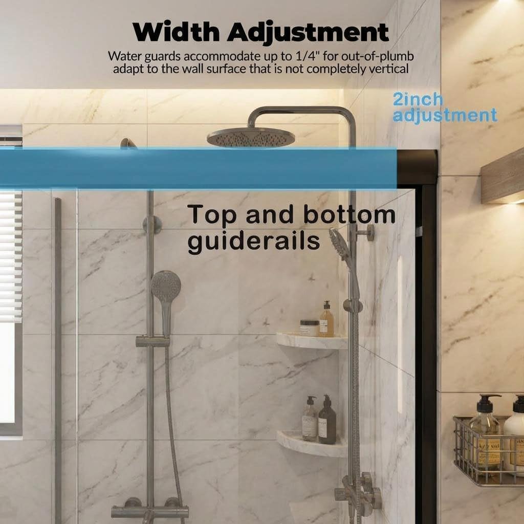Sliding Shower Door 50-60" Adjustable Width x 72" Height, Bypass Space-Saving Design, Dual 8mm (5/16") Tempered Glass Panels with Matte Black Aluminum Alloy Frame, Easy Installation