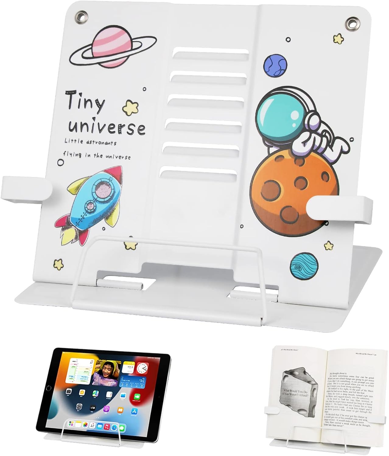TARKAN Metal Book Stand, Adjustable 6-Height Reading Stand with Anti-Skid Base, Space Theme Design, 51 cm Expandable (White)-image-6