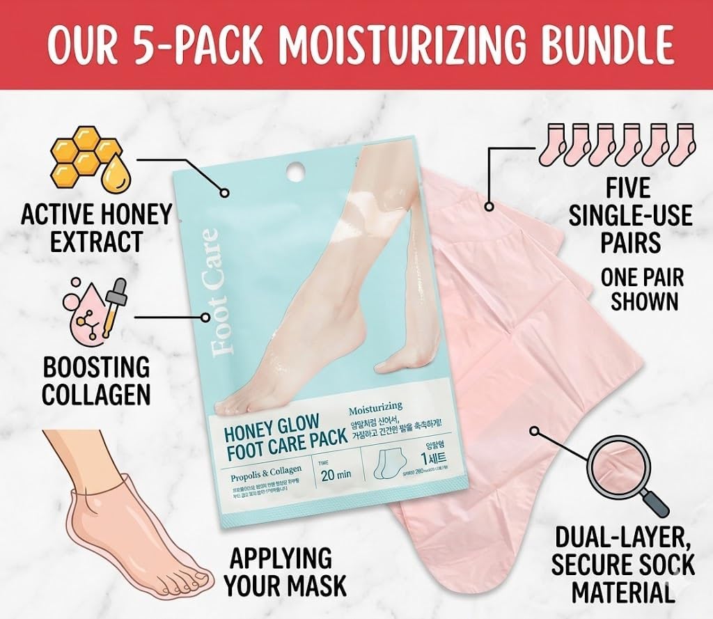 Honey Glow Foot Mask, 5 Pairs, Moisturizing Foot Care Socks for Dry Feet | Moisturizing Foot Care Socks for Everyday Self-Care