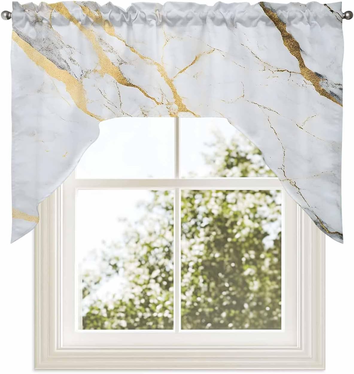 Marble White Gold Kitchen Curtains Sets for Windows 3 Piece, Modern Marbles Geometric Kitchen Curtains and Valances Tier Set 36 Inch Length Swag Curtain for Living Room Cafe Bathroom Bedroom