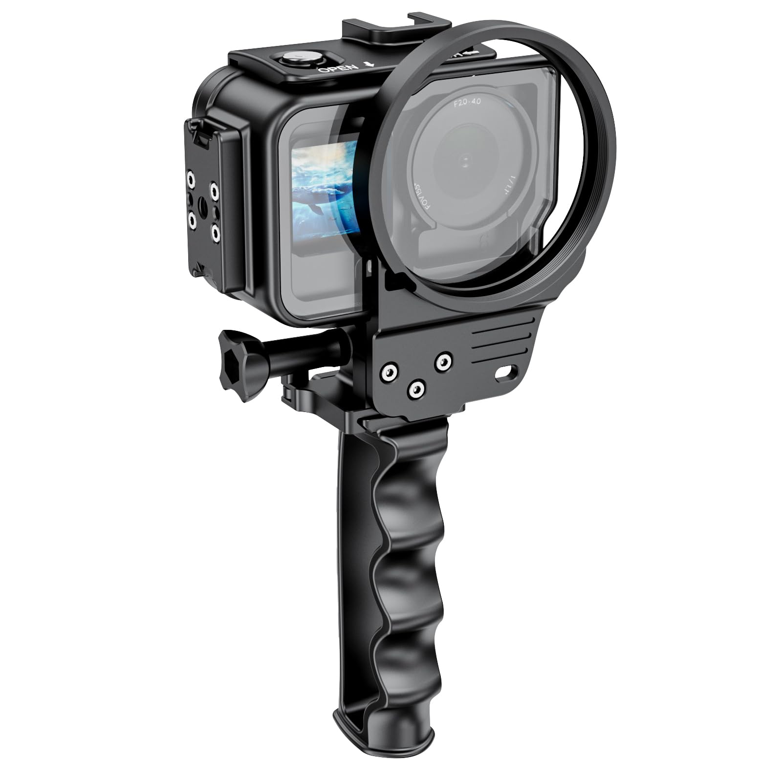Aluminum Alloy Waterproof Housing Case for DJI Action 4/5/6, 60 Meter Diving Protective Shell with Tempered Glass, Magnetic Quick Installation, Black Metal (with Handle)