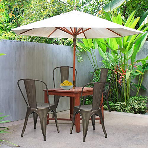 Image of COSTWAY Stackable Metal Dining Chairs Set of 4 with Back, Indoor & Outdoor | Gun Color, Industrial Vintage Style, Breathable Seat, High Backrest, for Dining Room, Kitchen, Bar, Cafe, Bistro, Restaurant