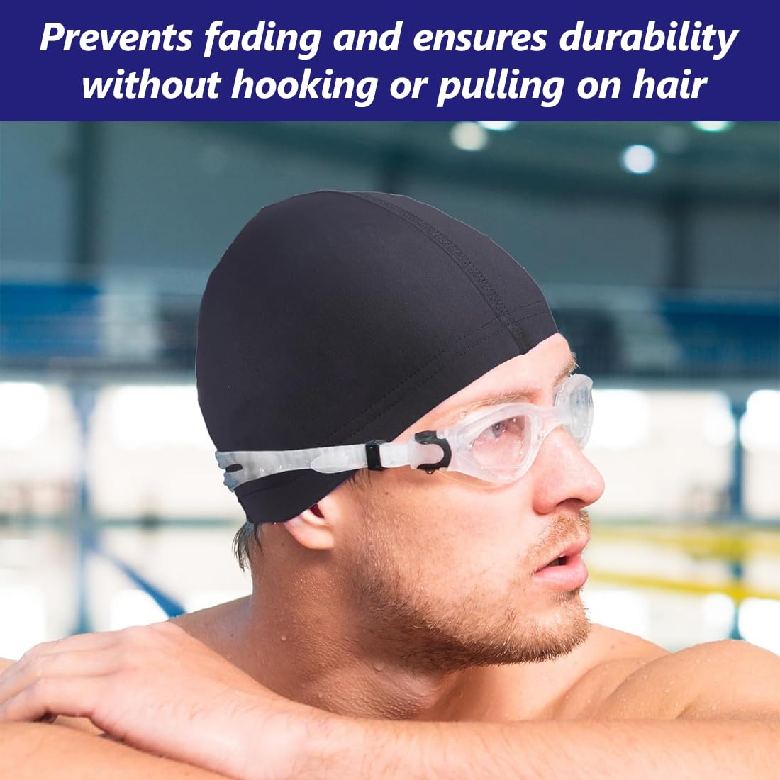 Paquete de 2 Gorros de Natación para Hombres y Mujeres, Elástico y Cómodo, Unisex para Adultos y Niños, Apto para Cabello Largo, Piscina Hombre, Swimming Cap (Negro + Azul Marino)