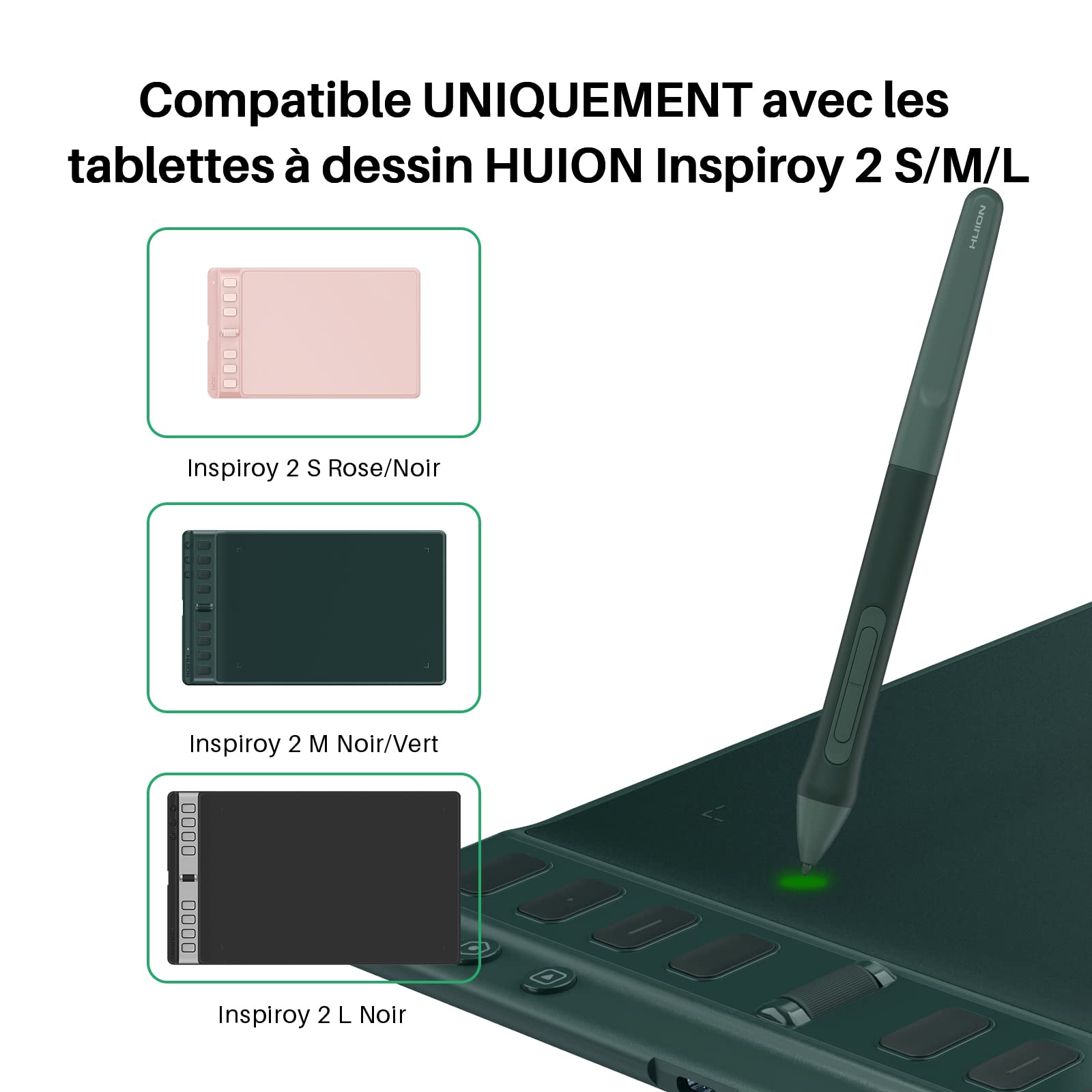 HUION Stylo à Bille Numérique PW110, avec Poignée en Silicone Antidérapante, 2 Boutons Programmables, 8192 Niveaux de Sensibilité, pour Tablette Inspiroy 2, Vert