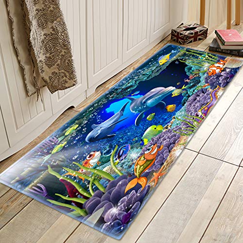 Underwater World Dolphin Print 17Mm Thick Memory Foam Bathroom Carpet And Door Mat Non-Slip Absorbent Super Bath Mats Comfortable Flannel Bathroom Carpet Bed Rug 71 X 24 Inches #TOP3
