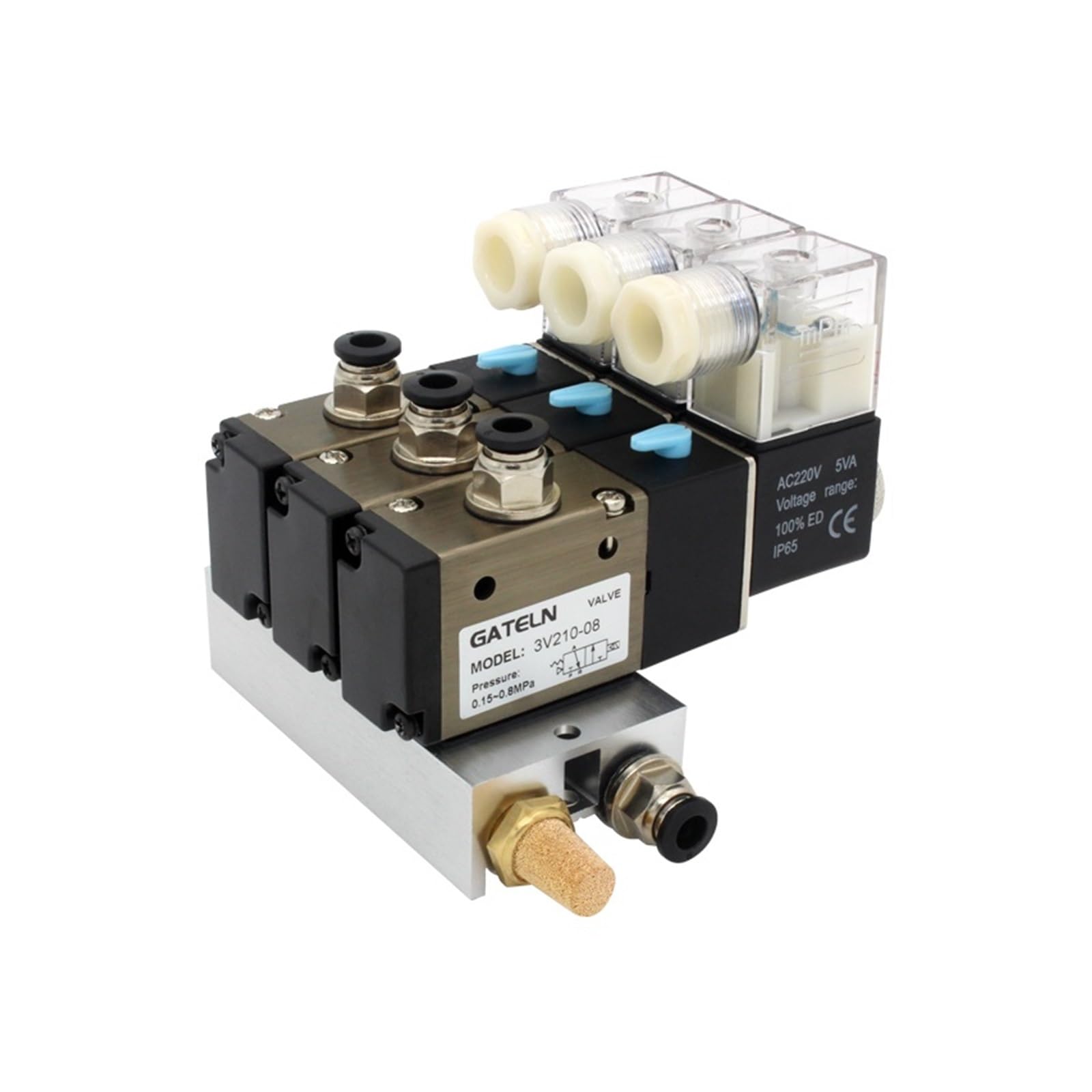3V210-08-NC Blokada stacji elektrozaworu normalnie zamknięty z akcesoriami do tłumika kolektora bazowego DC 12 V 24 V AC 110 V 220 V 3 drzwi(Dc24v 12mm Fittings)