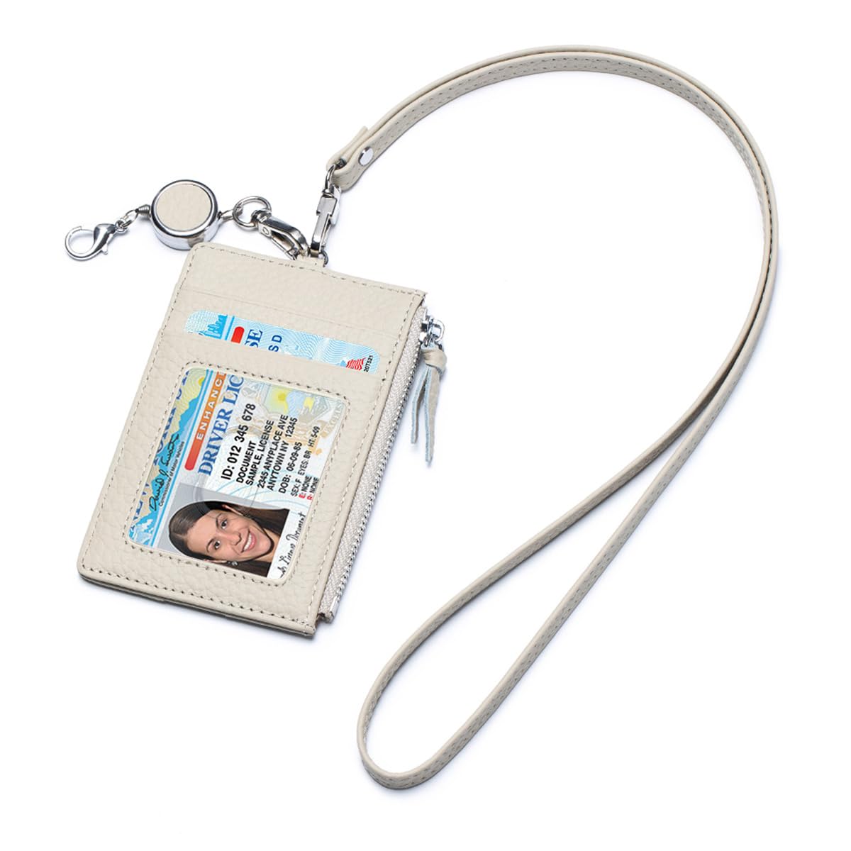 Karmiir Premium Leather ID Badge Holder with Lanyard and Retractable Badge Reel, Slim ID & Card Holder Wallet, Zip ID Case Badge Wallet (Grey Beige)