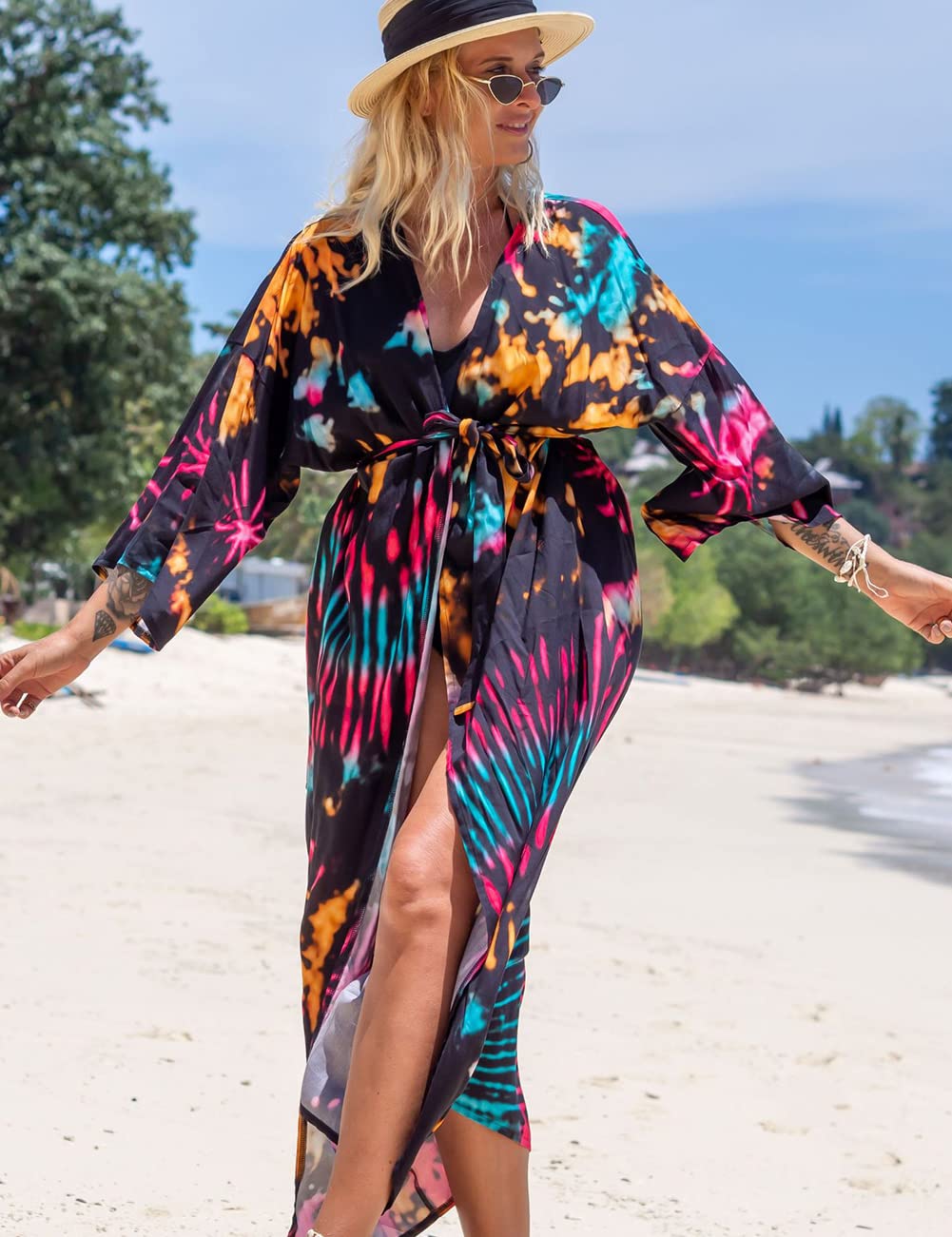 Damskie kimono, kardigan, letnia sukienka plażowa, długie ponczo plażowe, maxi pareo, nadruk kwiatowy, Kolor 20, jeden rozmiar