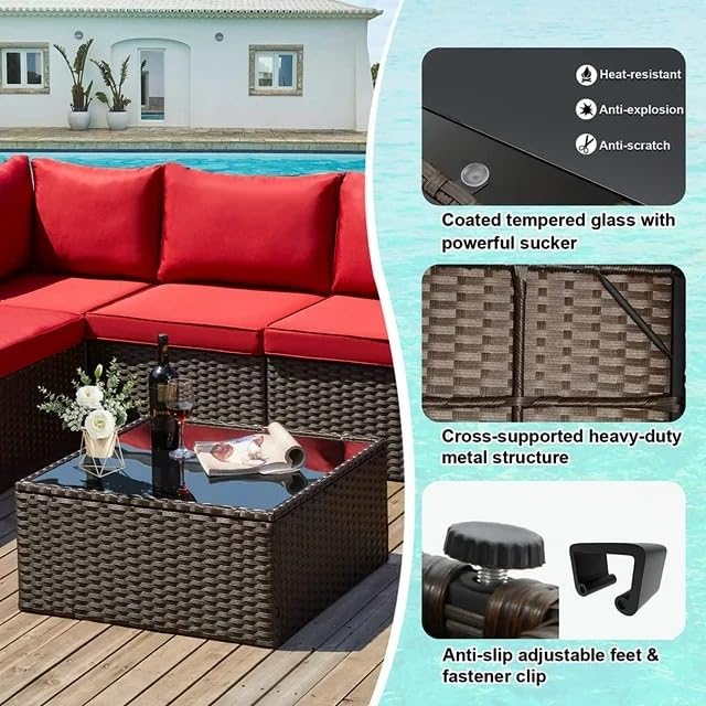 Image of 6 Seater Outdoor Garden Patio Seating Sofa Set with Center Table L Sofa for Balcony Wicker Rattan Garden Set with Grey Cushion and Center Table (Red)