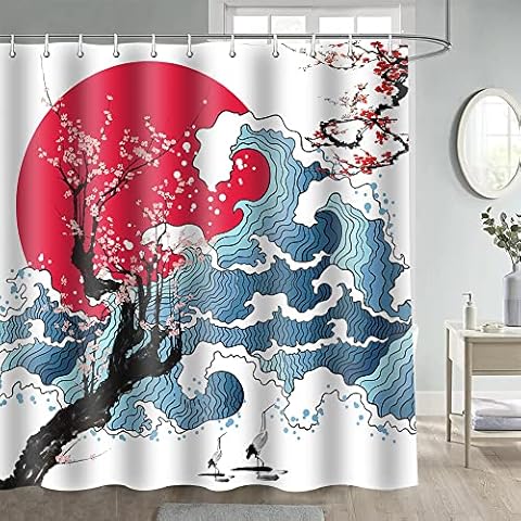 Gdmoon Japanese Shower Curtain Blue Great Waves Asian Oriental Anime Chic Pink Foral Flower Cherry Blossom Art Ocean Print Fabric Bathroom Shower Curtains Hooks 72x72in YLRLGD1666 Cover