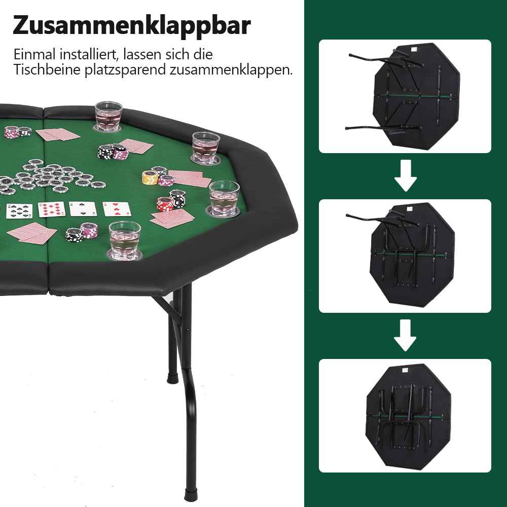 Mingone Pokertisch Klappbar 120cm Casino Tisch für 8 Spieler mit Armauflage und Becherhaltern Grün