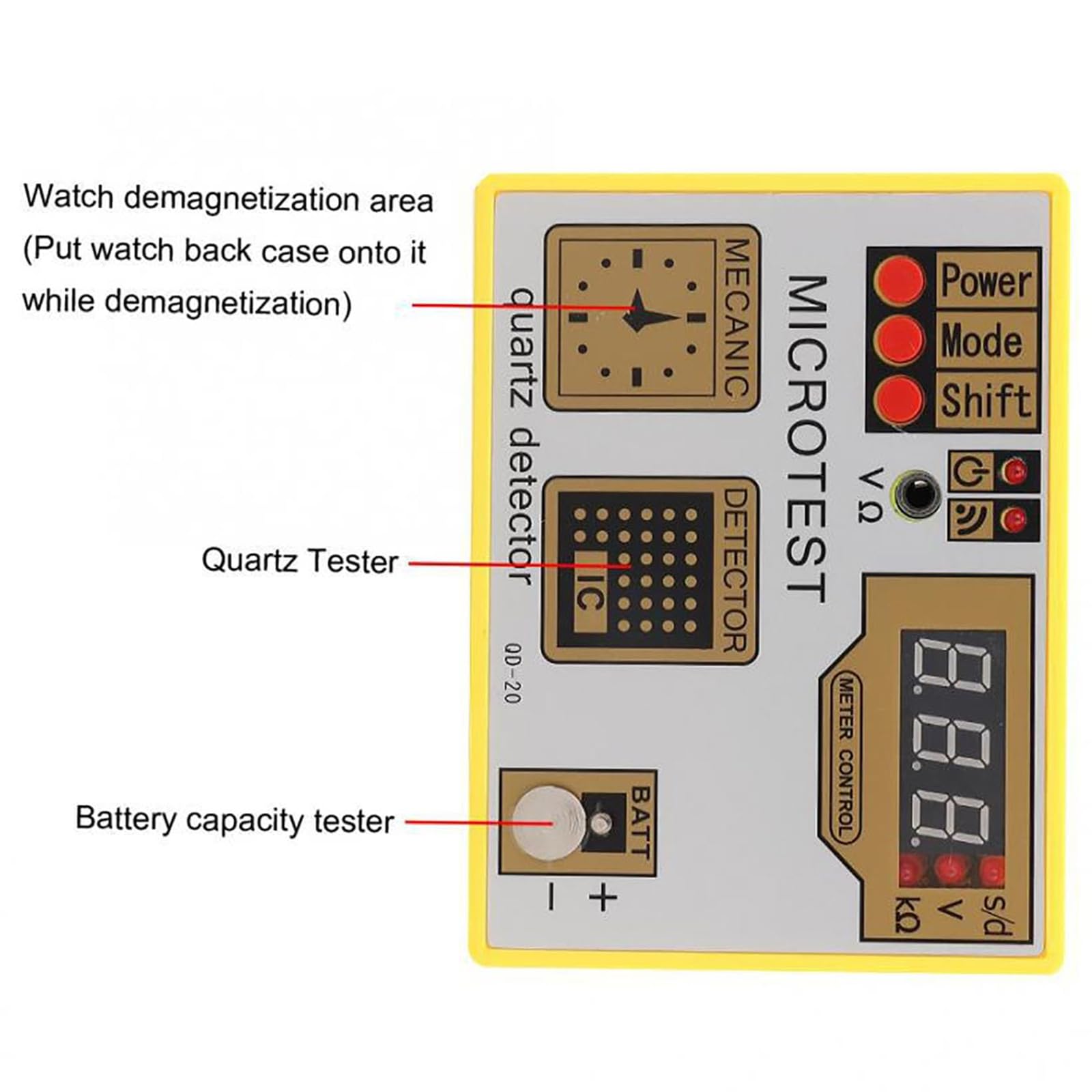 Tester per Movimenti di Orologi al Quarzo QD-20, Cronocomparatore Multifunzione con Display LCD - Smagnetizzatore Integrato e Monitoraggio della Frequenza in Tempo Reale per la Riparazione di Orologi
