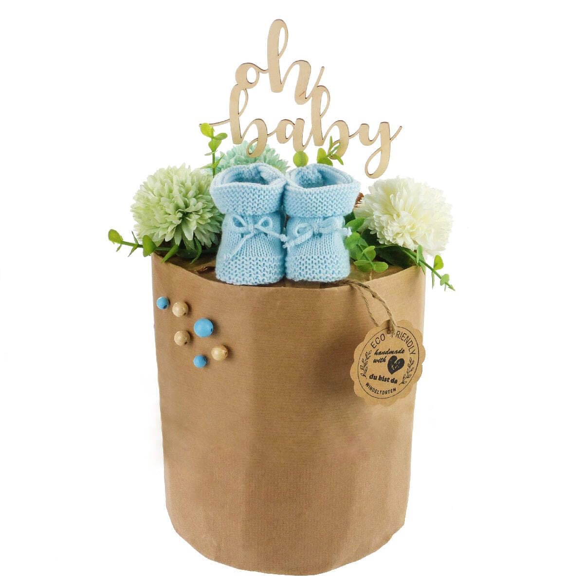 Öko Windeltorte ECO FRIENDLY aus Bio Windeln | Premium Geschenk zur Geburt | nahezu Plastikfrei* (M, himmelblau)