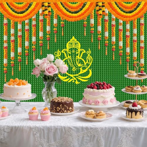 Image of 15x10FT India Pooja Traditional Backdrop Marigold Green Banana Leaf Chatiya Ganesh Traditional Festival Photography Background Puja Ganpati Wedding Party Decoration Photo Props