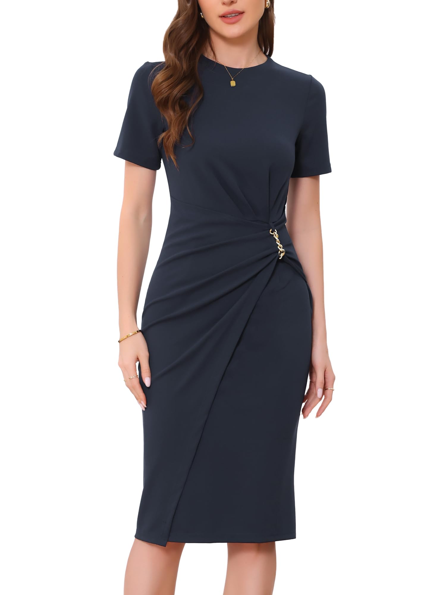 Allegra K Damen Arbeits Kleider Kurzärm Rundhals Wickelkleid Business Büro Etuikleid