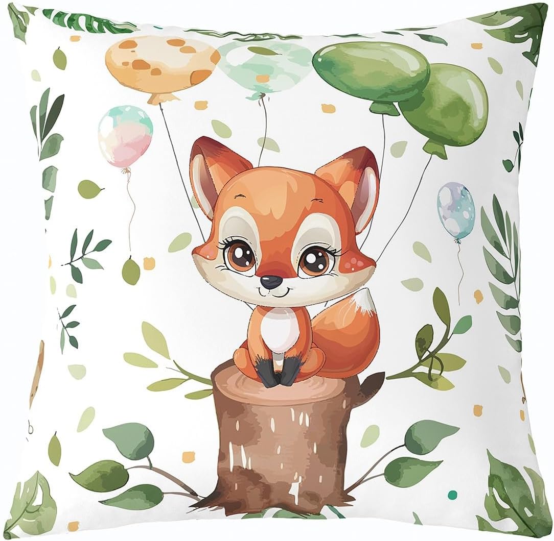 Erosebridal Cartoon Fox Throw Pillow Cover 24x24 Inch, Kawaii Animals Balloons Reversible Pillow Cover, Cute Wildlife Trees Cushion Cover For Sofa, Green Orange Kids Boys Girls Decorative Pillow Cover