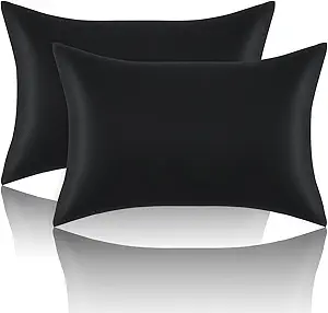 Satin Pillowcases Standard Set of 2 - Silk Soft Pillow Cases for Hair and Skin 20x26 inches, Black Satin Pillow Covers 2 Pack with Envelope Closure for Home,School, Hotel