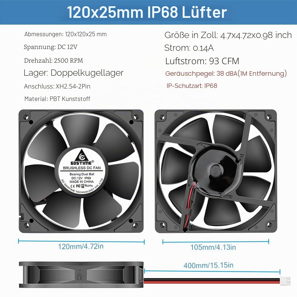 GDSTIME 2 Stück Lüfter Wasserdicht 12V 120mm Lüfter IP68 Dual Kugellager | ip68 lüfter 12v 120mm Lüfter Wasserdicht hoher Luftstrom