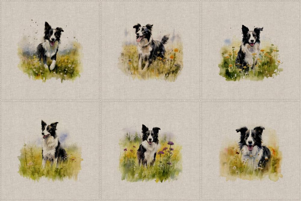 Oh Sew Crafty Limited Beige Cotton Rich Linen Look Fabric Border Collie Dog Floral Field Upholstery Panel (Sold Per Panel Of 6)