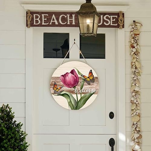 Miniatura 5 de Decoración de porche delantero de granja, para colgar en la puerta, retro, hermoso, tulipán, mariposa, 12 pulgadas, redondo, de madera, colgante,