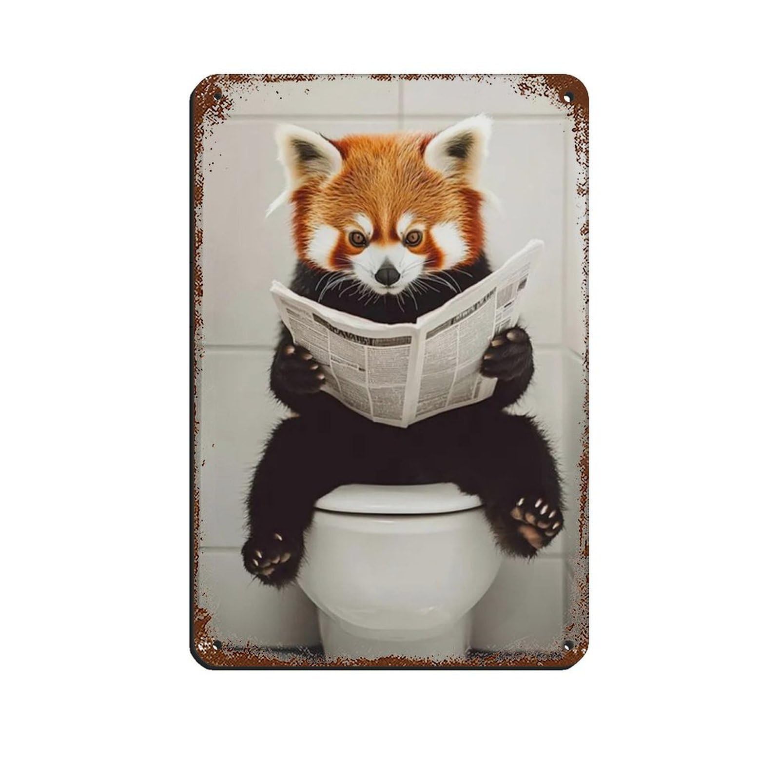 Red Panda Sitting on Toilet Reading Newspaper Retro Poster Metal Tin Sign Chic Art Retro Iron Painting Bar People Cave Cafe Family Garage Poster Wall Decoration 8x12inch(20x30cm)