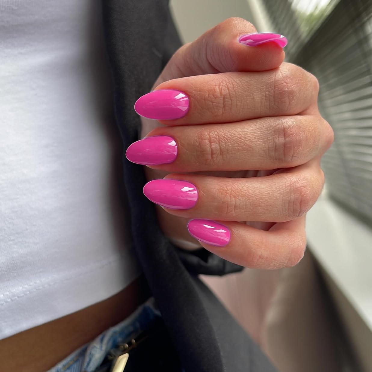 KQueenest Hot Pink Press on Nails Short Oval, Short False Nails Almond, Glossy Solid Vibrant Bright Pink Fake Nails Set - Image 2