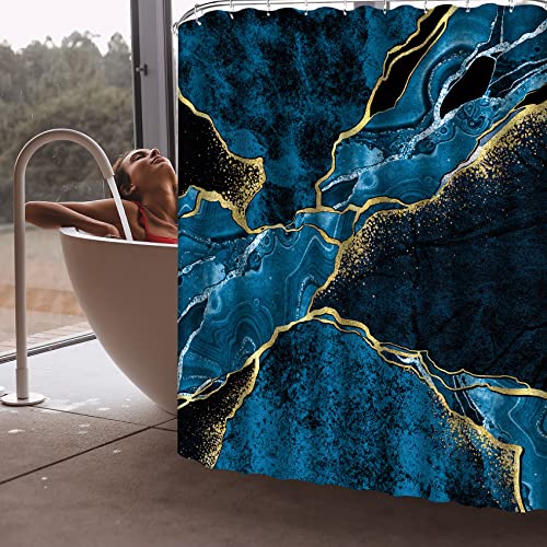 Lake Blue Marble Shower Curtain Sets, Gold Cracked Lines Black Bathroom Decor, Rug Toilet Lid Cover And Non-Slip U Shape Mat, Abstract Modern Luxury Art Waterproof Shower Curtain With 12 Hook, 72 X 72 #TOP2