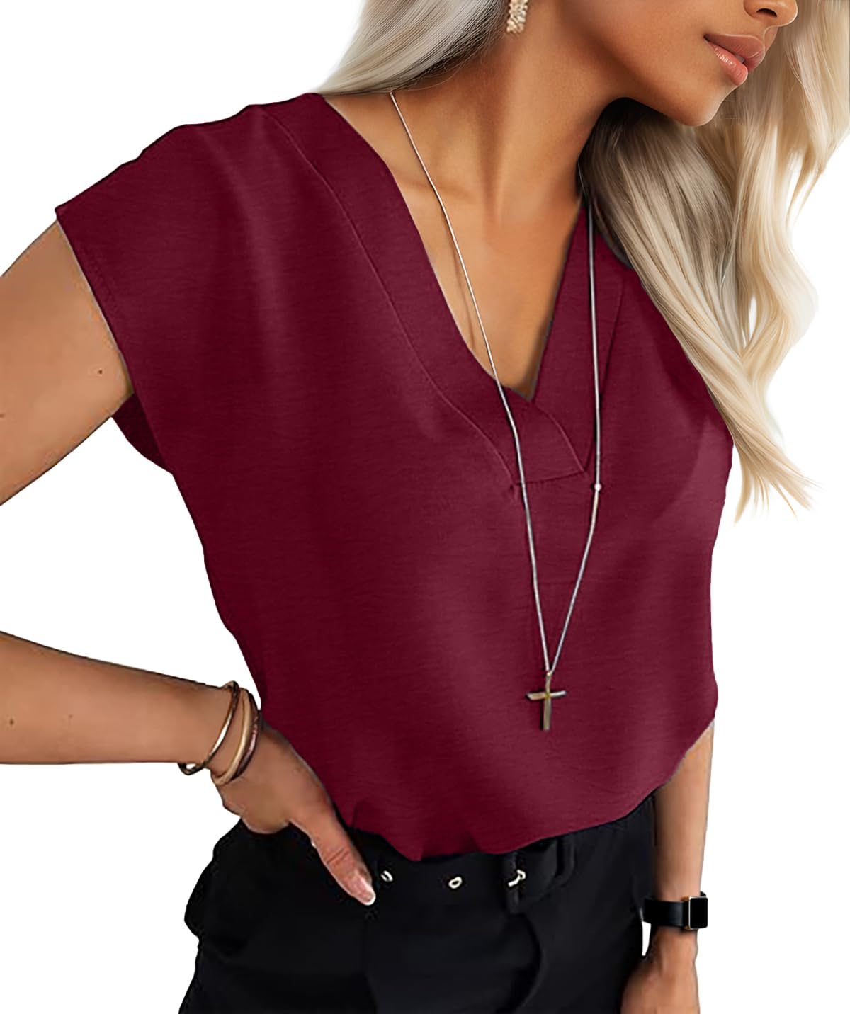 Qixing Women's V Neck Blouses Cap Sleeve Shirts Casual Loose Work Office Solid Tops — view 18
