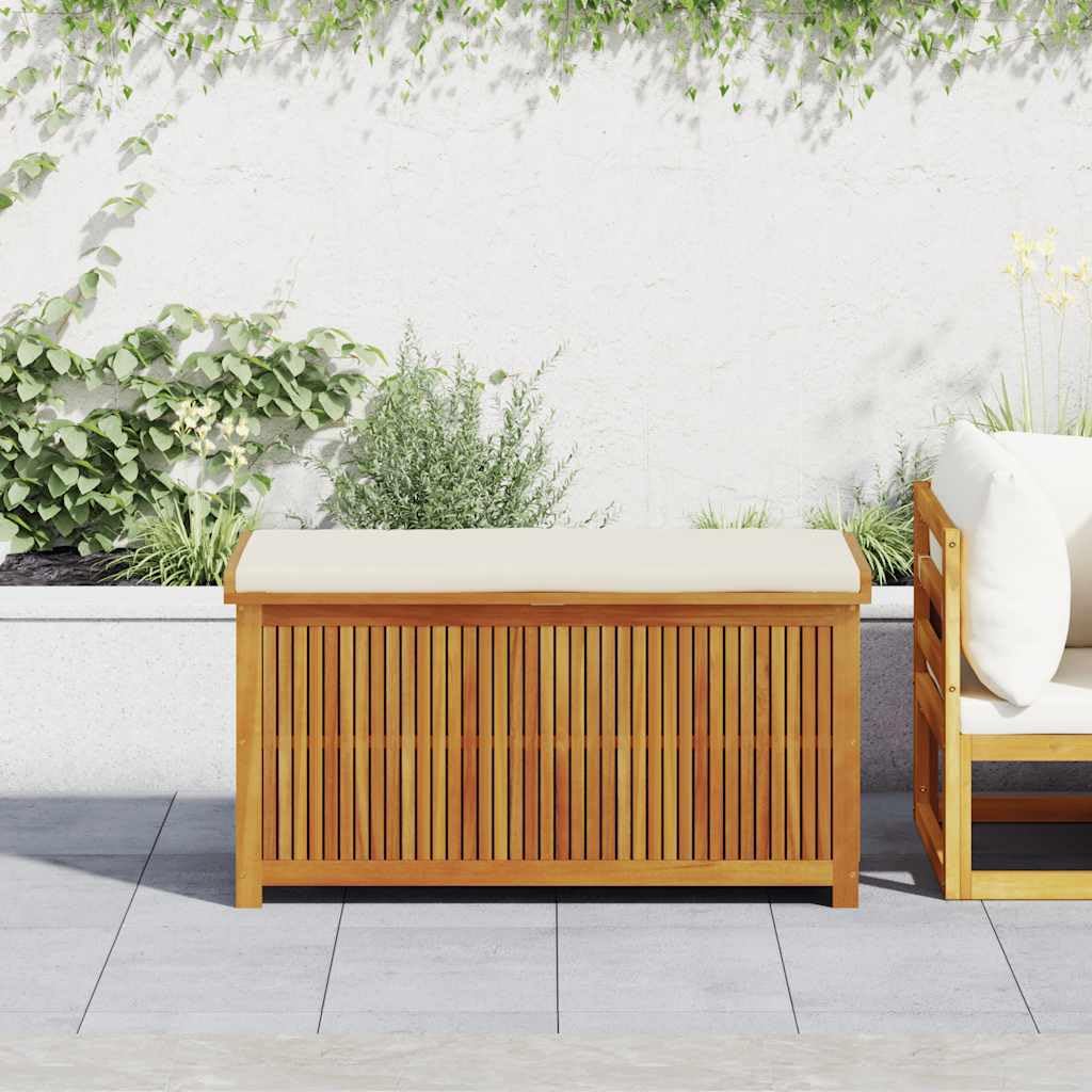 Scatola per cuscini esterni in acacia massiccia, 113 x 50 x 60,5 cm | Stoccaggio da giardino, borsa impermeabile integrata, doghe aperte, coperchio antipolvere