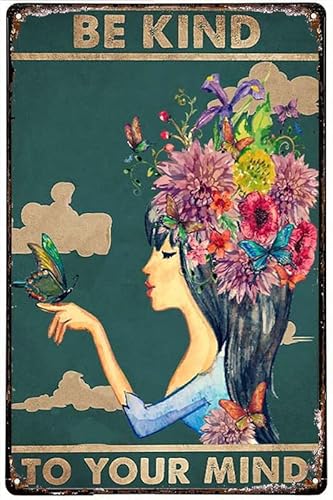 Targa in metallo vintage con scritta in lingua inglese "Be kind to your mind" (lingua italiana non garantita), con farfalla e scritta in lingua inglese "Be kind to your mind", cartello vintage per