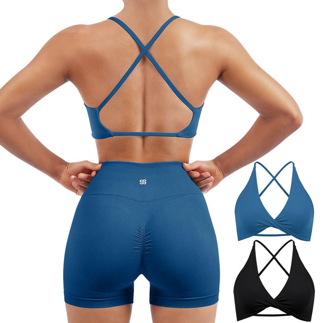 SUUKSESS Women 2 Piece Open Back Strappy Sports Bra Pack Twist V Neck Workout Crops