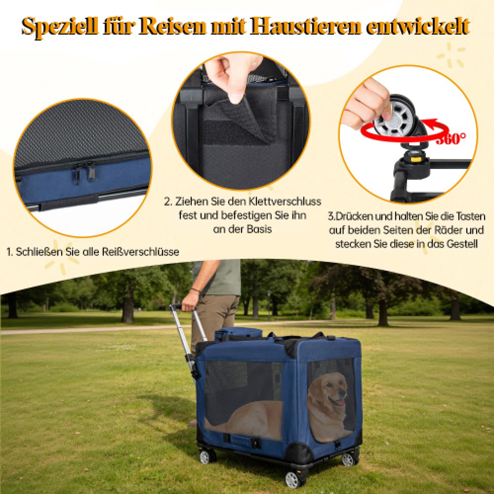 Dunkelblaue Tiertransportbox, 2-in-1 Faltbare Hundetransporttasche mit Rollen, Belüftete Haustierbox für Reisen und Zuhause