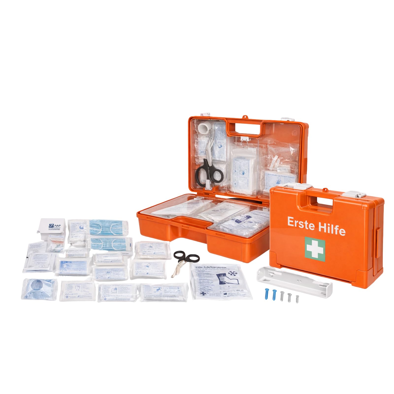 First Aid Products Erste Hilfe Koffer MEDIUM – inkl. DIN 13157:2021 Füllung – orange, ABS-Kunststoff, bruchsicher – Wandhalterung & Schrauben – öffentliche Einrichtungen, Betrieb, Bau & Privat