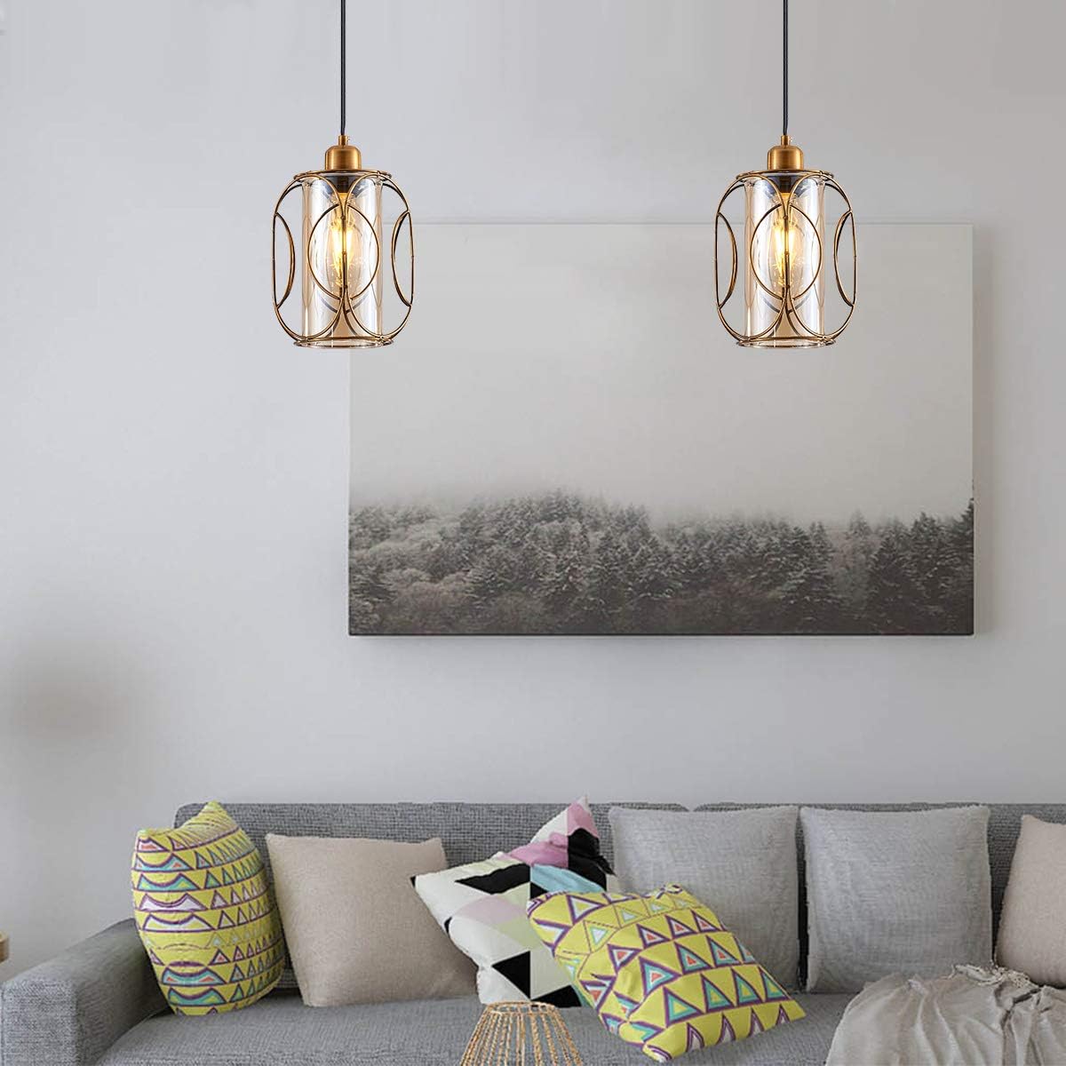 YLONG-ZS Gold Pendant Light Plug in,Glass Hanging Lamp Dimmable, Vintage Swag Ceiling Lamp for Kitchen Island,Bedroom,Living Room,Dining Room